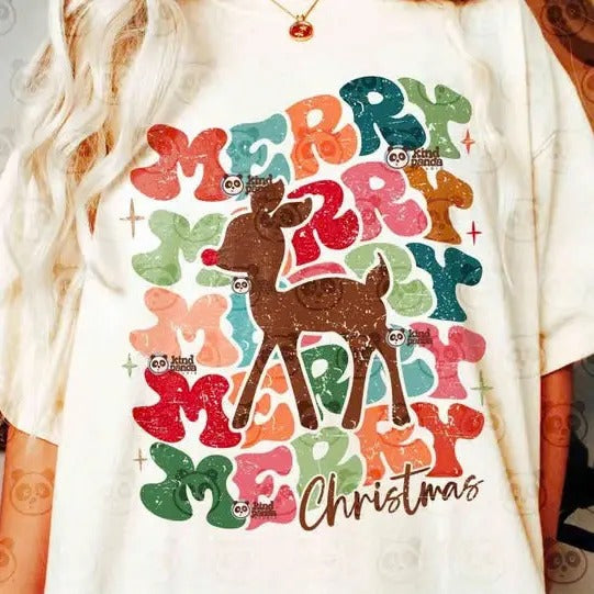 Retro Reindeer, Merry Christmas Christmas Sublimation T-Shirt Hoodie, Sweatshirt | HypeDripTees.com