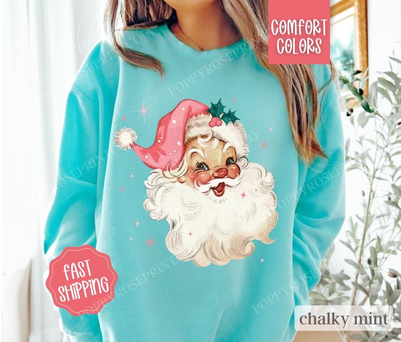 Retro Santa Sweatshirt Comfort Colors, Christmas Sweater,  Coquette Xmas Tshirt, Women's Holiday Crewneck Hoodie