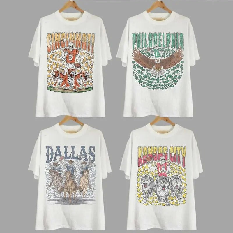 Retro Skeleton All Teams Football T-shirt, Gildan 5000 Unisex Crewneck Sport Classic T-Shirt, All Teams Football, White...