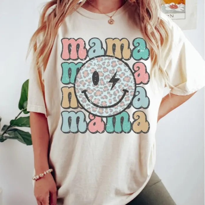 Retro Smiley Mama Shirt, Mom Smiley Face Shirt, Mama Tshirt, Womens Graphic Tshirts, New Moms Shirt, Mama Graphic Tee Top...