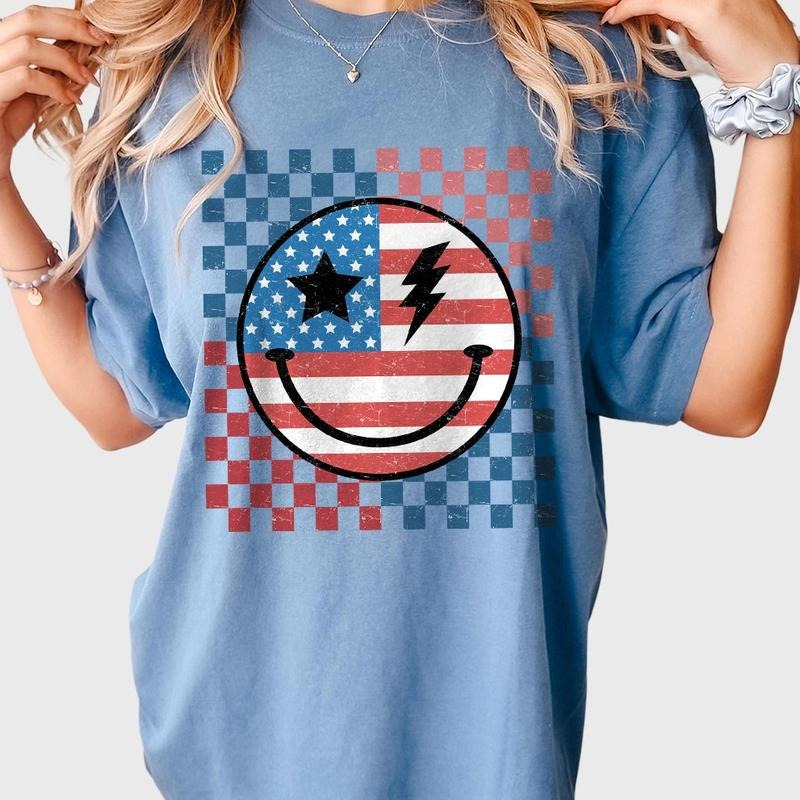 Retro Smiling 4th Of July Shirt, Patriotic Shirt, 4th Of July Checkered Shirt, America Shirt, Independence Day T Shirt,...