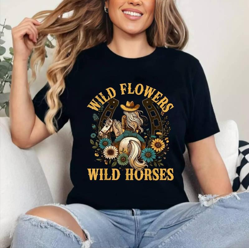 Retro Southern Sunset Cowgirl Wild Flowers - Wild Horses T-Shirt , Cotton, Crewneck, Top Womenswear Hoodie, Sweatshirt