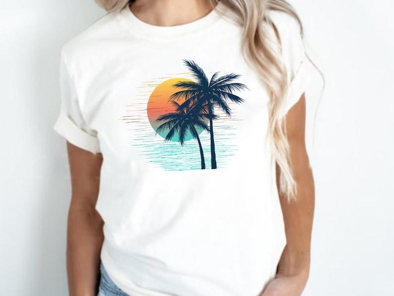 Retro Tropical Sunset Summer Shirt, Vintage Palm Tree Shirt, Colorful Glitch T-Shirt, Nature Shirt, Palm Beach Shirt,Cute...