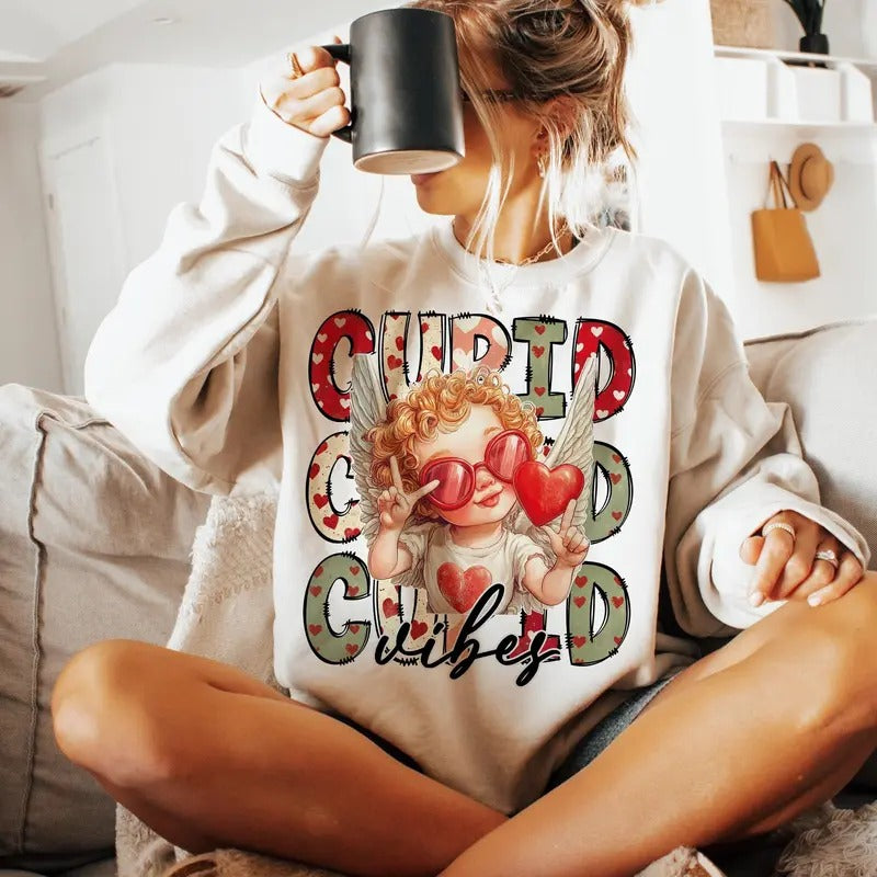 Retro Valentines Day Sweatshirt, Cupid Vibes Sweatshirt, Funny Valentines Day Sweatshirt, Cute Valentine shirt Sweatshirt...