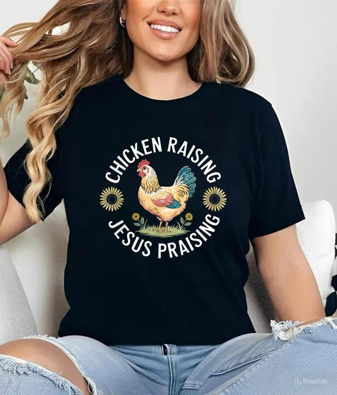 Retro Vintage Chicken Raising & Jesus Praising T-Shirt , Jesus Shirt, Graphic Tees, Ladies Clothes for All Seasons, For...