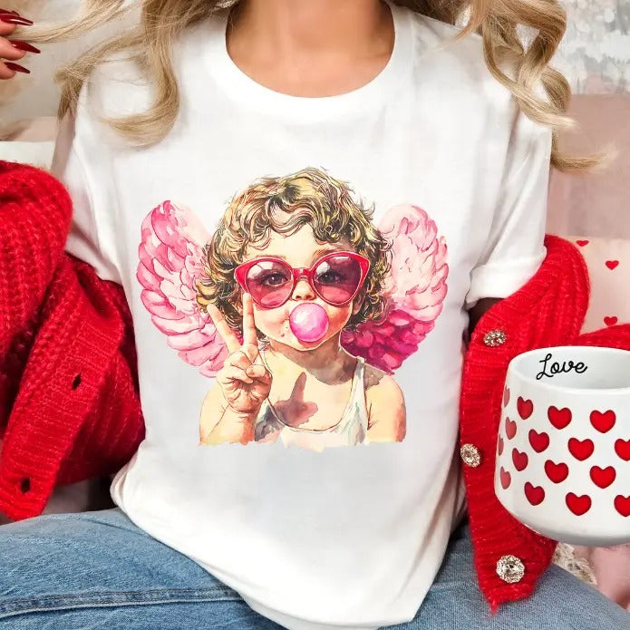 Retro Vintage Valentines Day Cupid with Bubblegum Unisex sized Softstyle T-shirt Hoodie, Sweatshirt | HypeDripTees.com