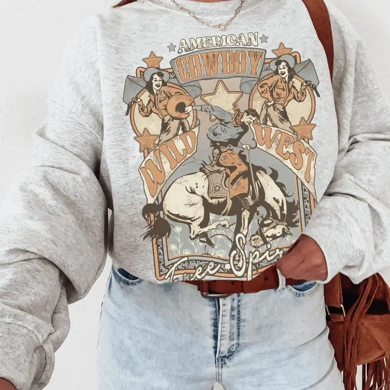 Retro Western Crewneck Sweatshirt, Trendy Western Graphic Sweatshirt, Top, Pullover Perfect Gift T-Shirts, Hoodie