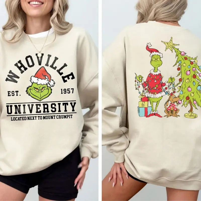 Retro Whoville University Sweatshirt, Merry Grinchmas Shirt, Christmas Movie Sweatshirt, Grinnch Christmas Tee Hoodie