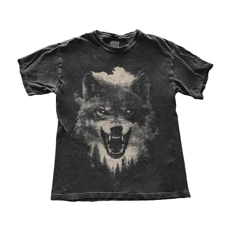 Retro Wolf T-Shirt - Fierce Forest Predator Tee - Distressed Black Graphic Shirt - Moonlight Wilderness Design