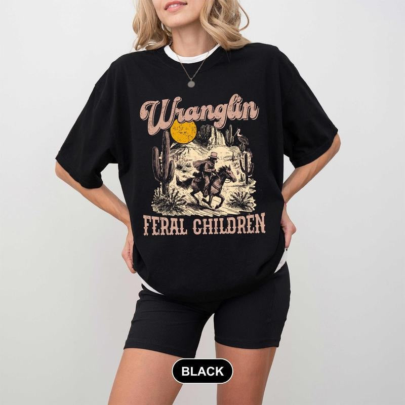 Retro Wranglin' Feral Children Raccoon 90s Western Graphic Shirt Vintage Western Raccoon Dessert Tee Cool Teenager Gift...