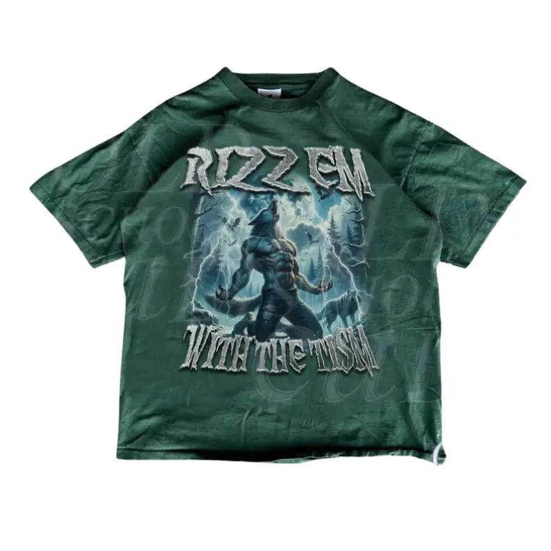 Rizz Em With The Tism Werewolf Vintage Graphic Shirt, Retro Emo Wolf Rizz Graphic Shirt, Silly Meme Sigma Alpha Shirt,...