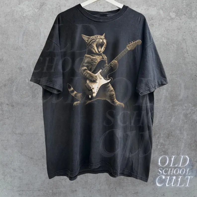 Rock Cat Playing Guitar Vintage Shirt, Retro Funny Guitar Cat T-Shirt, Cat Lovers, Rock Lovers Gift, Funny Gift, Rocker...