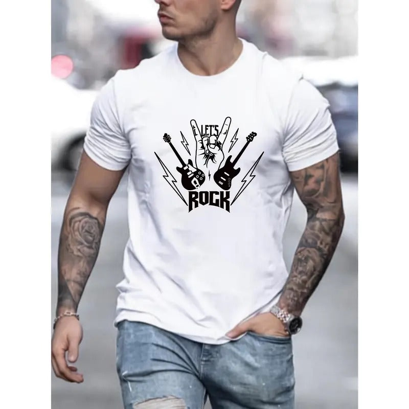 Rock Guitar Graphic Men's Short Sleeve T-shirt, Comfy Stretchy Trendy Tees For Summer, Casual Daily Style Fashion...