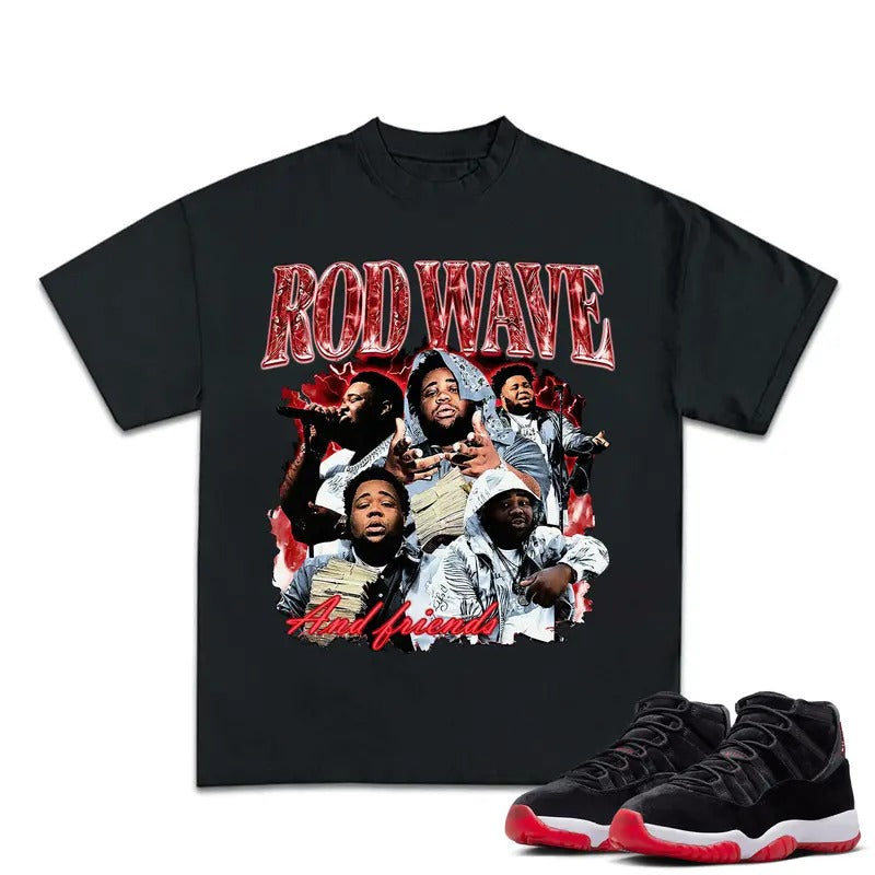 Rod Wave Last Lap Tour Match 11s Bred Velvet Sneakers Outfits, Graphic Tee Cotton T-shirt, Y2K Streetwear Fitted for Men...