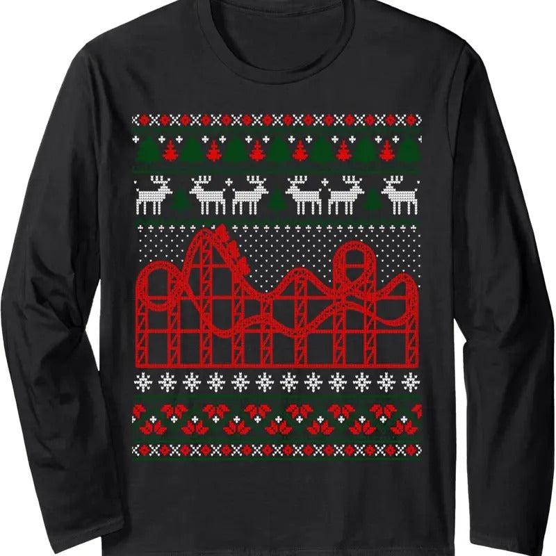 Roller Coaster Scene Ugly Christmas Sweater Long Sleeve T-Shirt Hoodie, Sweatshirt | HypeDripTees.com