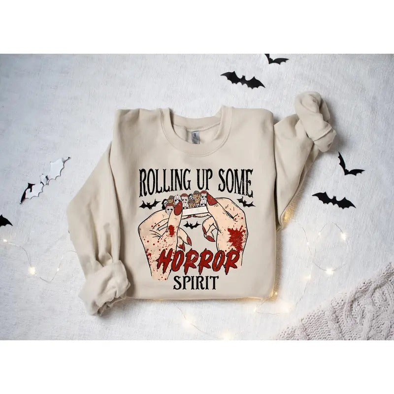 Rolling Up Some Horror Spirit Sweatshirt, Halloween Horror Sweater, Horror Movie Shirt, Horror Characters, Funny...