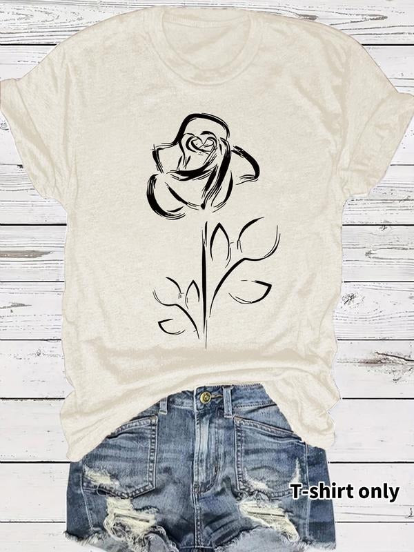 Rose Print Vintage Style Women's Summer Casual Fit T-Shirt, Breathable Short Sleeve Round Neck Top, Available in Sizes...