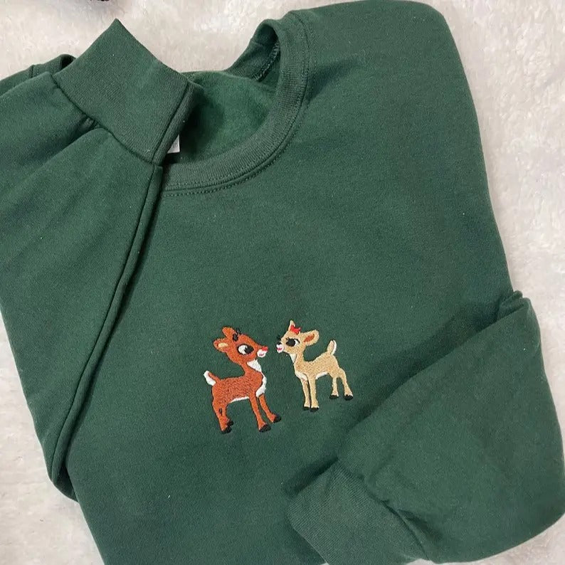 Rudolph and Clarice Embroidered Christmas Crewneck Sweatshirt - Embroidered Christmas Crewneck for Women Men T-Shirts, Hoodie