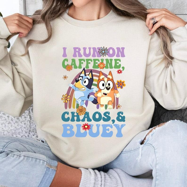Running on Caffeine Chaos and Bluey Mom Sweatshirt, Chilli Heeler Shirt, Mom Bluey Shirt, Mama Shirt, Chilli Heeler Bluey...