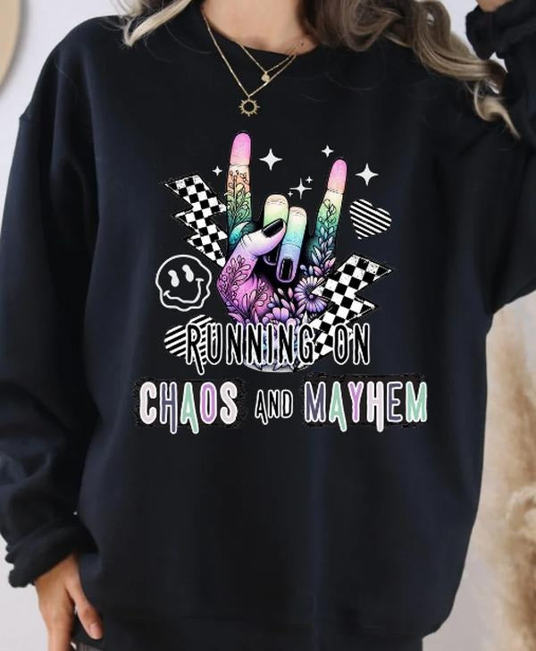 Running on Chaos and Mayhem Unisex sized Sweatshirt T-Shirts, Hoodie | HypeDripTees.com