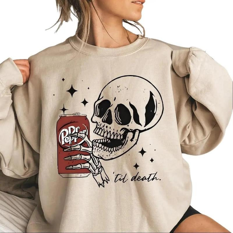Skeleton Drinking Dr. Pepper Soda, Pepper Till Death  Sweatshirt, Gift for Halloween, Dr Pepper Lovers, men & women...