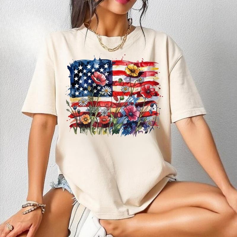 Boho 4th of July T-Shirt, Sweatshirt, Floral USA Flag Graphic, Poppy and Daisy Patriotic Shirt for Summer Americana Style...