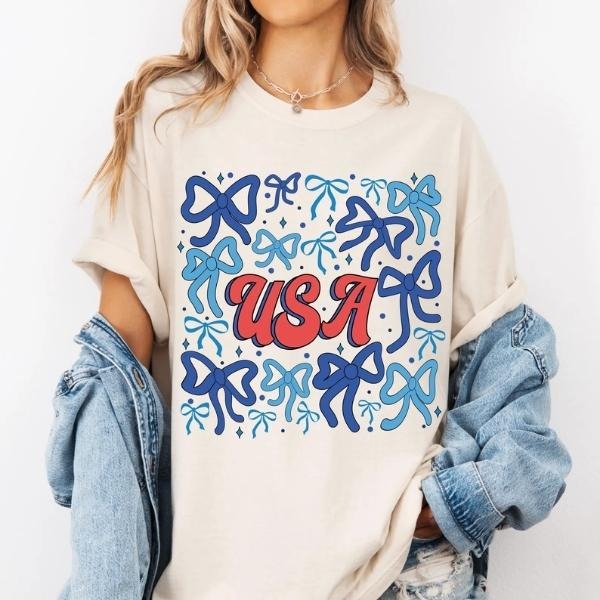 Coquette Patriotic USA T-Shirt Sweatshirt, 4th of July And Memorial Day Retro Tee, Girly American Flag Graphic, Trendy...