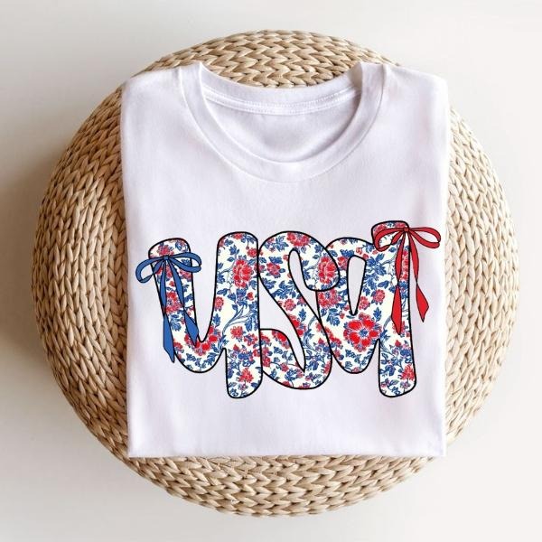 Cute Coquette 4th of July T-Shirt Sweatshirt, Memorial Day USA Tee for Women, Retro Floral Flag Shirt, Red White Blue...