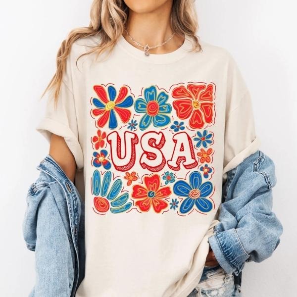 Cute Girly Coquette T-Shirt Sweatshirt, Memorial Day and 4th of July Tee, Floral America Graphic, Retro Boho USA Flag...