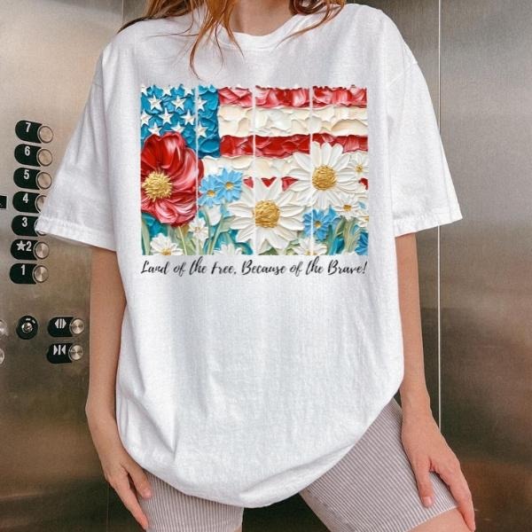 Cute USA Flag T-Shirt Sweatshirt, Memorial Day and Independence Day Shirt, Floral Red White Blue Graphic, Girly Patriotic...