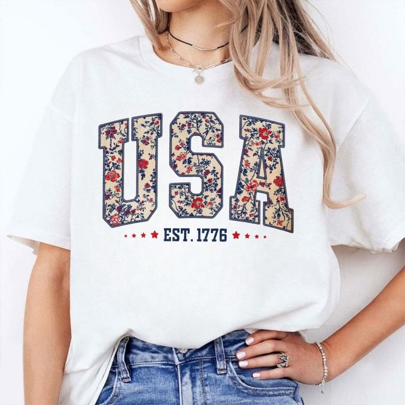 Floral USA T-Shirt, Sweatshirt, Retro Coquette Memorial Day Top, 4th of July Patriotic Graphic for Women, Cute Summer...