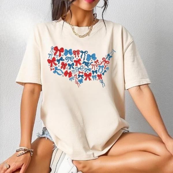 Girly Coquette USA Tee, 4th of July & Memorial Day T-Shirt Sweatshirt, American Girl Map Graphic, Patriotic Mama Summer...