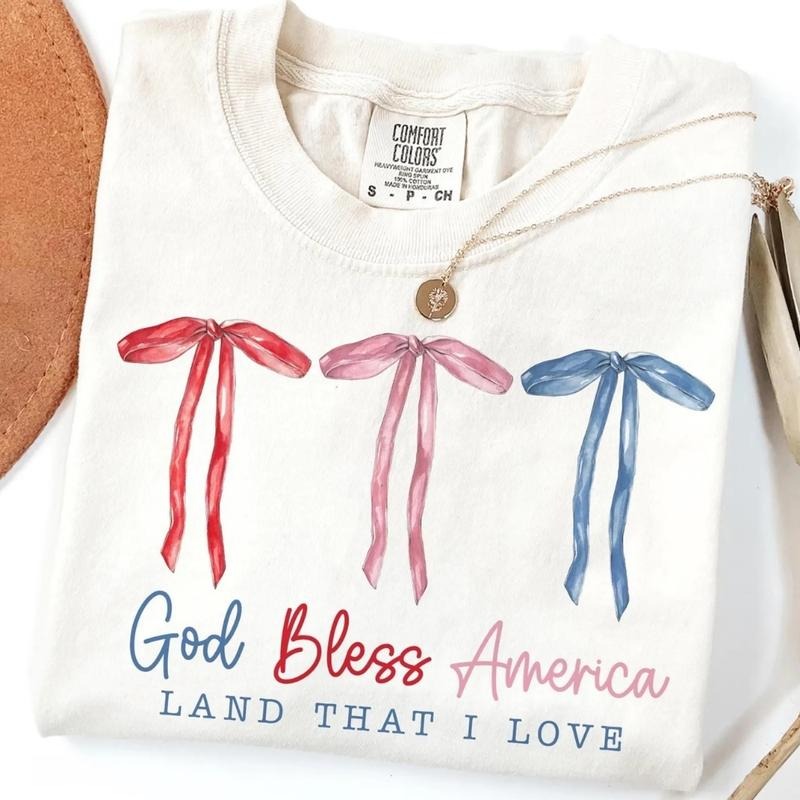 God Bless America T-Shirt, Sweatshirt, Coquette 4th of July Graphic, Patriotic USA Bows Design, Cute Summer Shirt for Her...