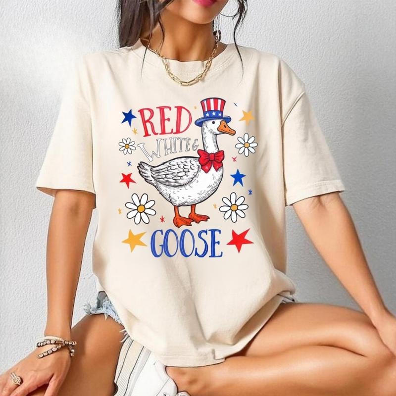 Red White and Goose T-Shirt, Sweatshirt, Funny 4th of July Shirt, Retro Boho Floral Patriotic USA Graphic for Summer Wear...