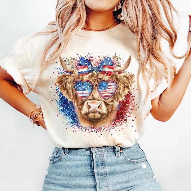 Western Highland Cow T-Shirt, Sweatshirt, 4th of July USA Graphic, American Flag Freedom Shirt for Patriotic Cowgirl...