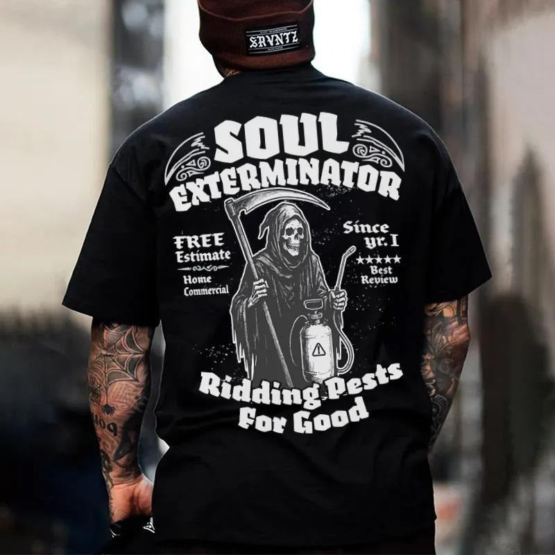SOUL EXTERMINATOR Ridding Pests For Good Skeleton Print Men's T-Shirt Hoodie, Sweatshirt | HypeDripTees.com