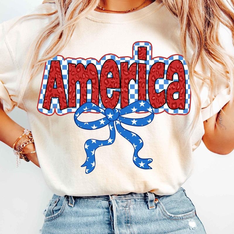 [Sale To 45% Off] Leopard America Coquette T-Shirt, America Checkered Shirt, 4th of July T-Shirt, Memorial Day Shirt, Independence
