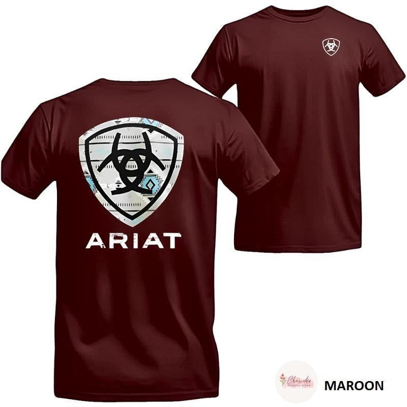 Ariat Logo 2 Sided T-Shirt, Men Shirts for Ranch Style, Cowboy Country Style Tee, Bold Ariat Tribal Shield Summer Graphic...