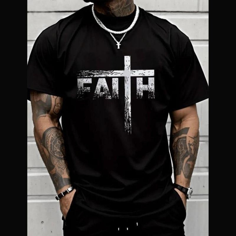 [Saleup to 75%] Faith T-shirt Men's Letter Print Round Neck Tee, Regular Fit Casual Short Sleeve Crew Neck T-shirt for...