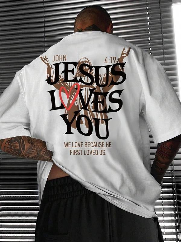 [Saleup to 75%] Men's Jesus & Heart Print Drop Shoulder Tee, Jesus love you, Casual Comfy Regular Fit Letter Print Half...