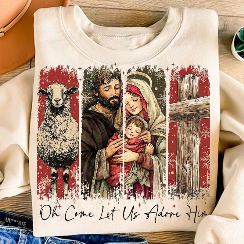 [Saleup to 75%] Oh Come Let Us Adore Him sweatshirt Retro Christian Christmas , Nativity Scene  Jesus Christmas Cross...