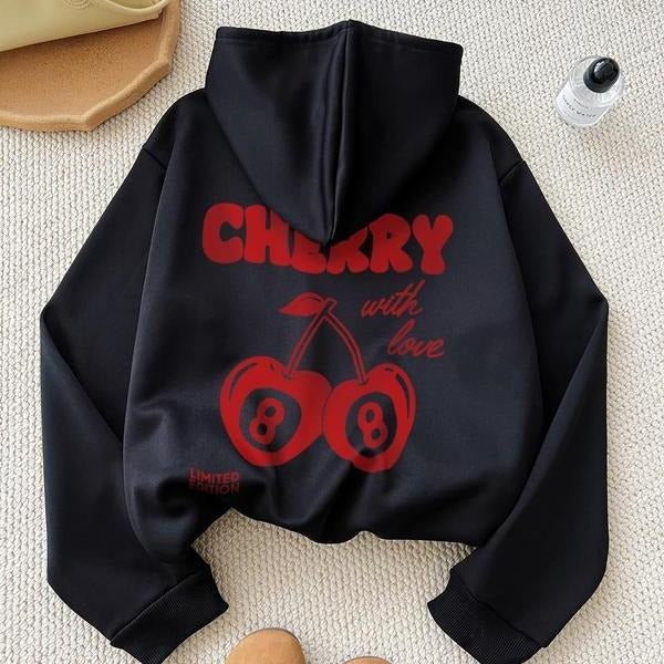 [Saleup to 75%] Women's Cherry & Letter Print Cherry Print Drop Shoulder Hoodie, Fashion Casual Drawstring Pocket Hooded...