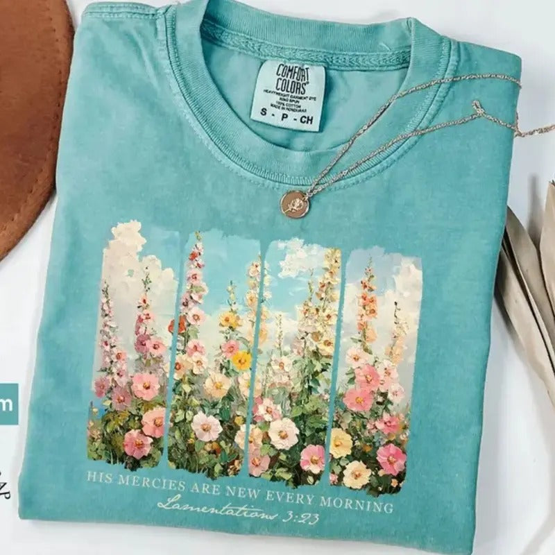 [Saleup to 75%]Comfort Colors His Mercies Are New Every Morning T-Shirt, Retro Flower Christian Shirt Cozy Bible Verse...
