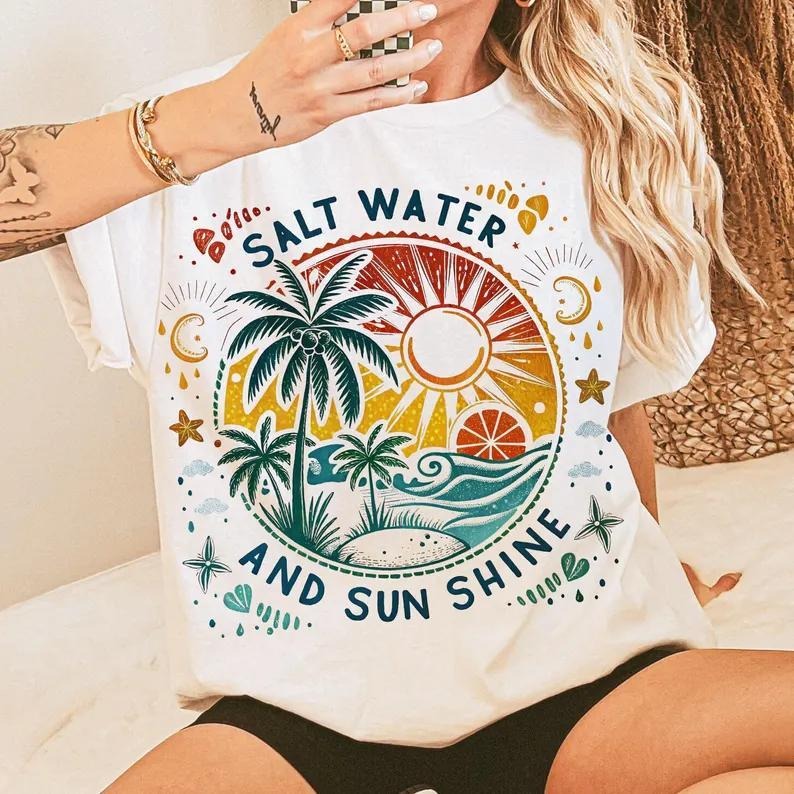 Salt Water And Sun Shine T-Shirt, Sublimation, Summer, Retro Beach, Tropical Top, Graphic Cotton T Shirt Hoodie, Sweatshirt