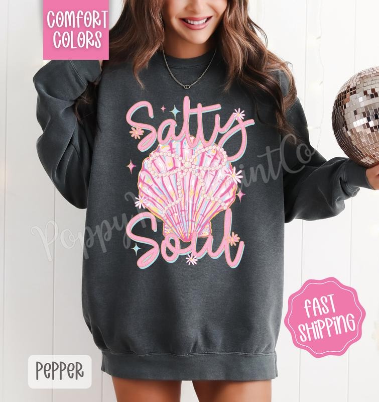 Salty Soul Comfort Colors Sweatshirt, Cute Summer Sweater, Girly Beach Crewneck T-Shirts, Hoodie | HypeDripTees.com