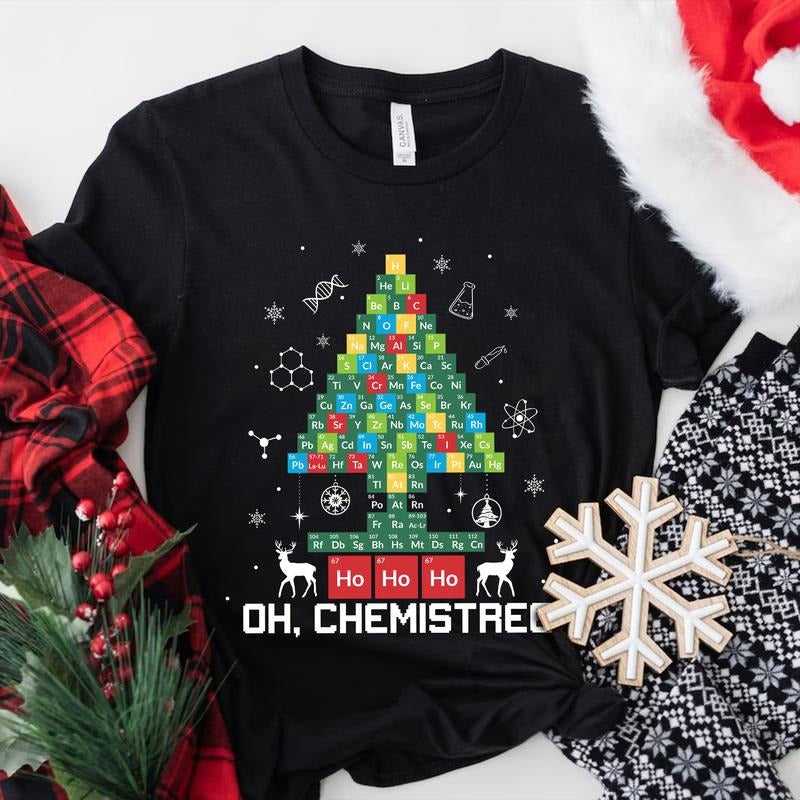 Sandjest Chemistree Christmas Shirt, Christmas T-shirt, Chemistry Teacher,Periodic Table Shirt,Comfy Holiday...