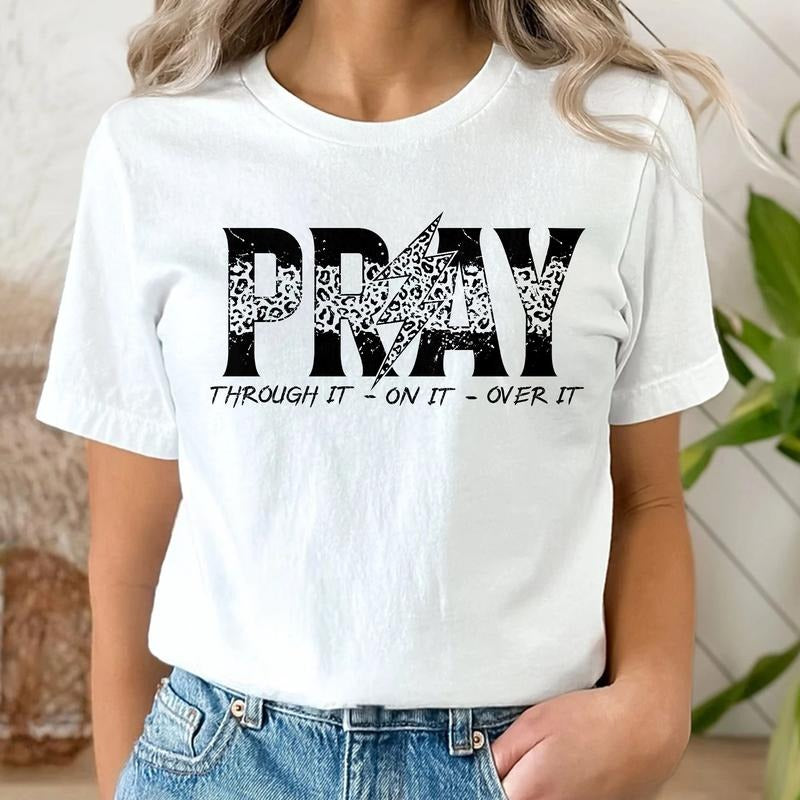 Sandjest Christian T-Shirt Pray Through It on It Over It Gift for Jesus Lover Bible Lover Hoodie, Sweatshirt
