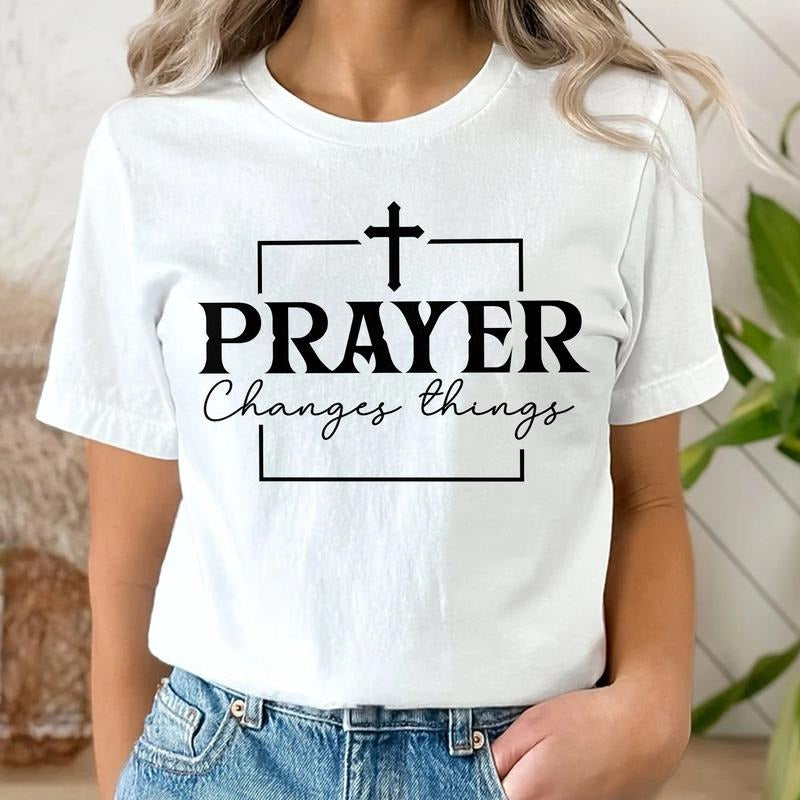 Sandjest Christian T-Shirt Prayer Changes Things Gift for Women Girl Jesus Lover Bible Lovers Hoodie, Sweatshirt