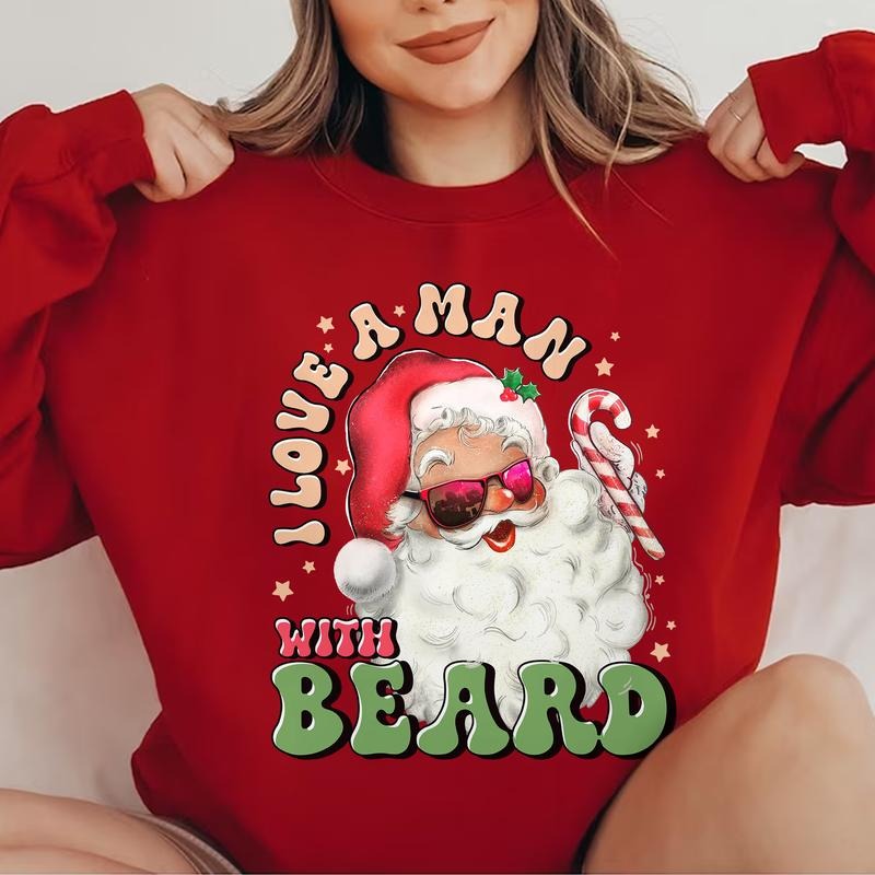 Sandjest I Love a Man With A Beard Santa Sweatshirt, Funny Santa Beard Shirt, Cute Christmas for Women, Graphic Christmas...