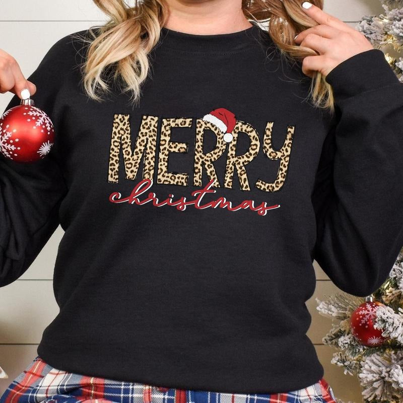 Sandjest Merry Christmas Crewneck Sweatshirt Leopard Style Christmas Family Shirt Holiday Gift for Women Girl Hoodie